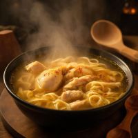 Тёплый обед в холодный день: бульон из деревенской курицы с лапшой