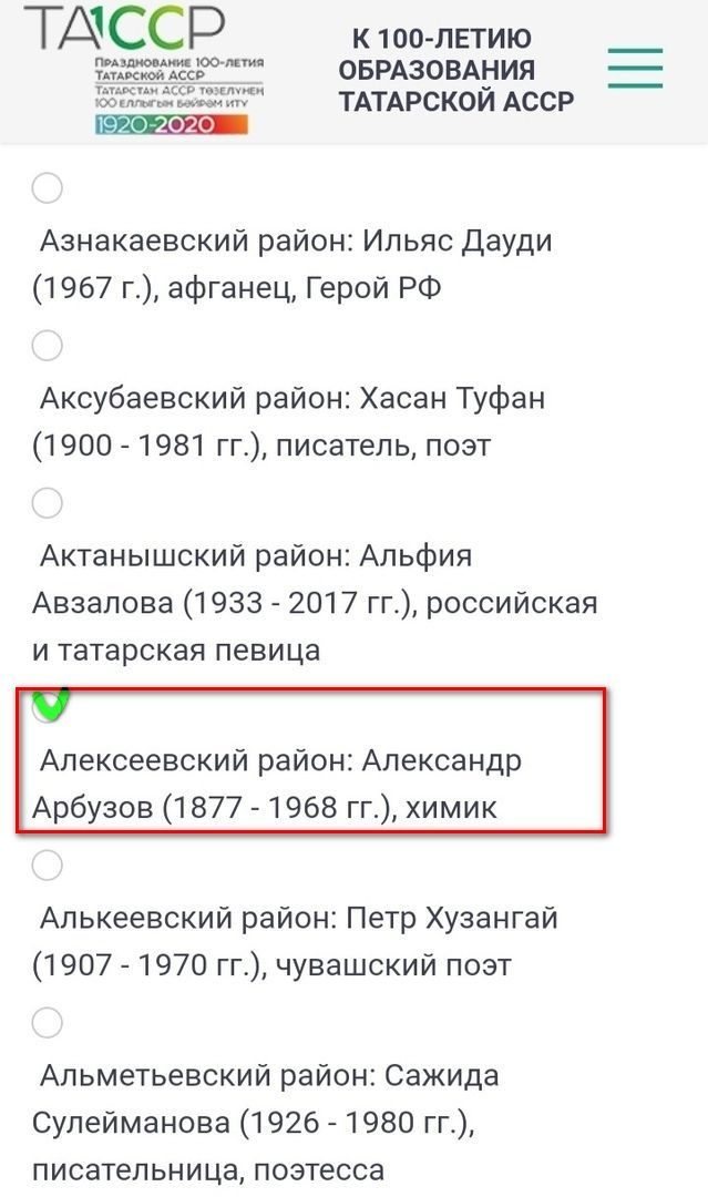 Благодаря активному голосованию алексеевцев, химик Александр Арбузов поднялся на 13-ю строчку в списке великих имен Татарстана